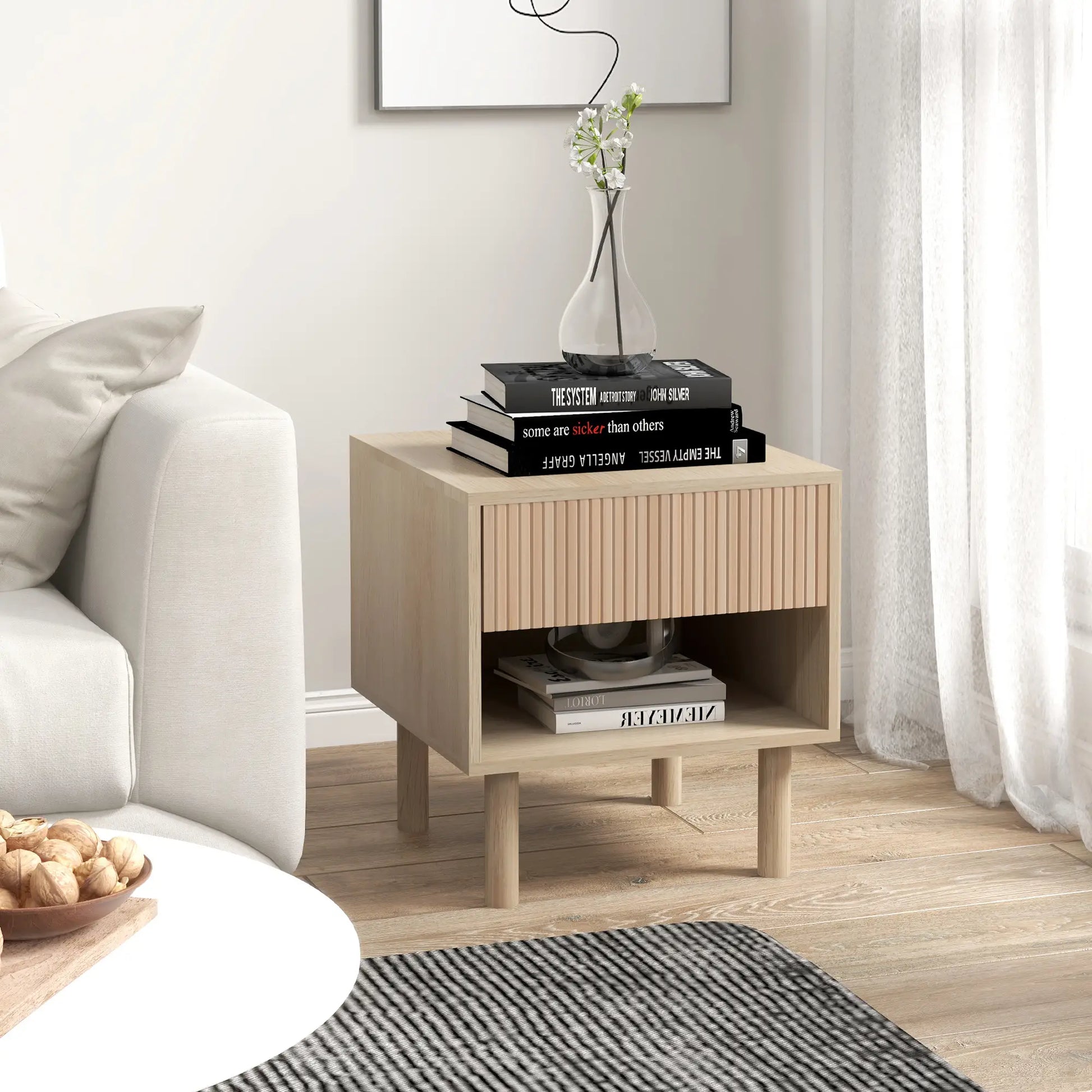 Modern Bedside Table with Drawer, Open Shelf, Natural Bedside Tables at Gallery Canada