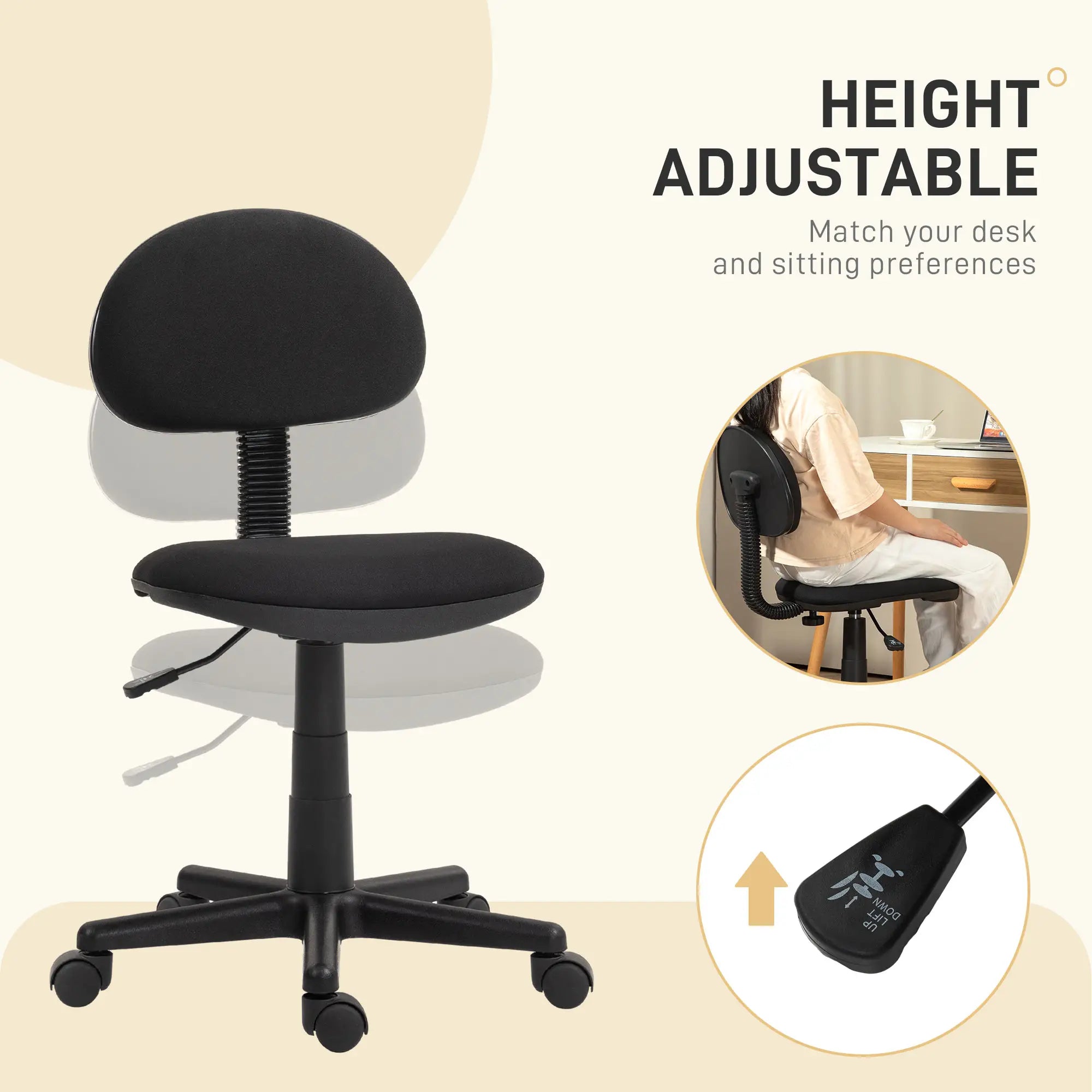 Small Desk Chair, Armless Adjustable Height, 360° Swivel Wheels, Black Task Chairs at Gallery Canada