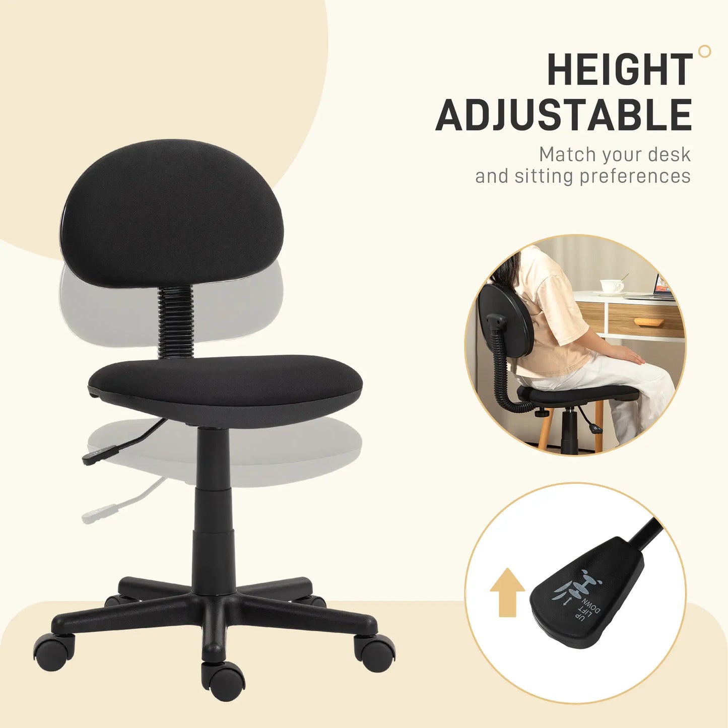 Small Desk Chair, Armless Adjustable Height, 360° Swivel Wheels, Black Task Chairs at Gallery Canada