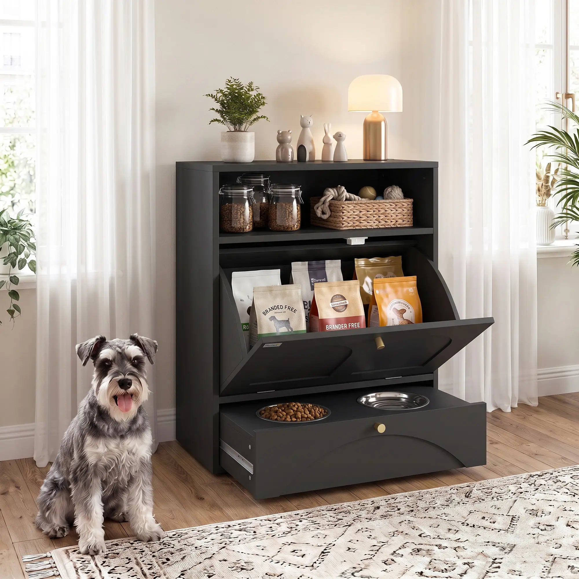 Dog Feeding Station, Food Storage Cabinet, 2 Elevated Bowls, Black Dog Bowls at Gallery Canada