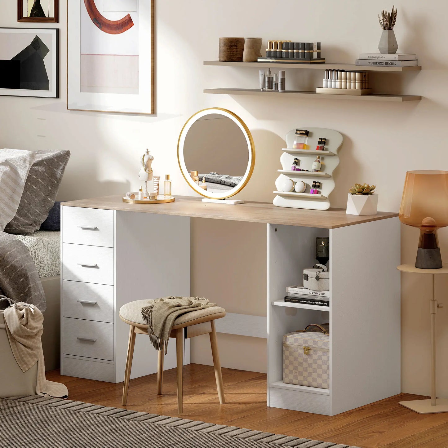 55 Inch Office Desk, White Wood Grain, 4 Reversible Drawers, Adjustable Shelf, White Computer Desks at Gallery Canada