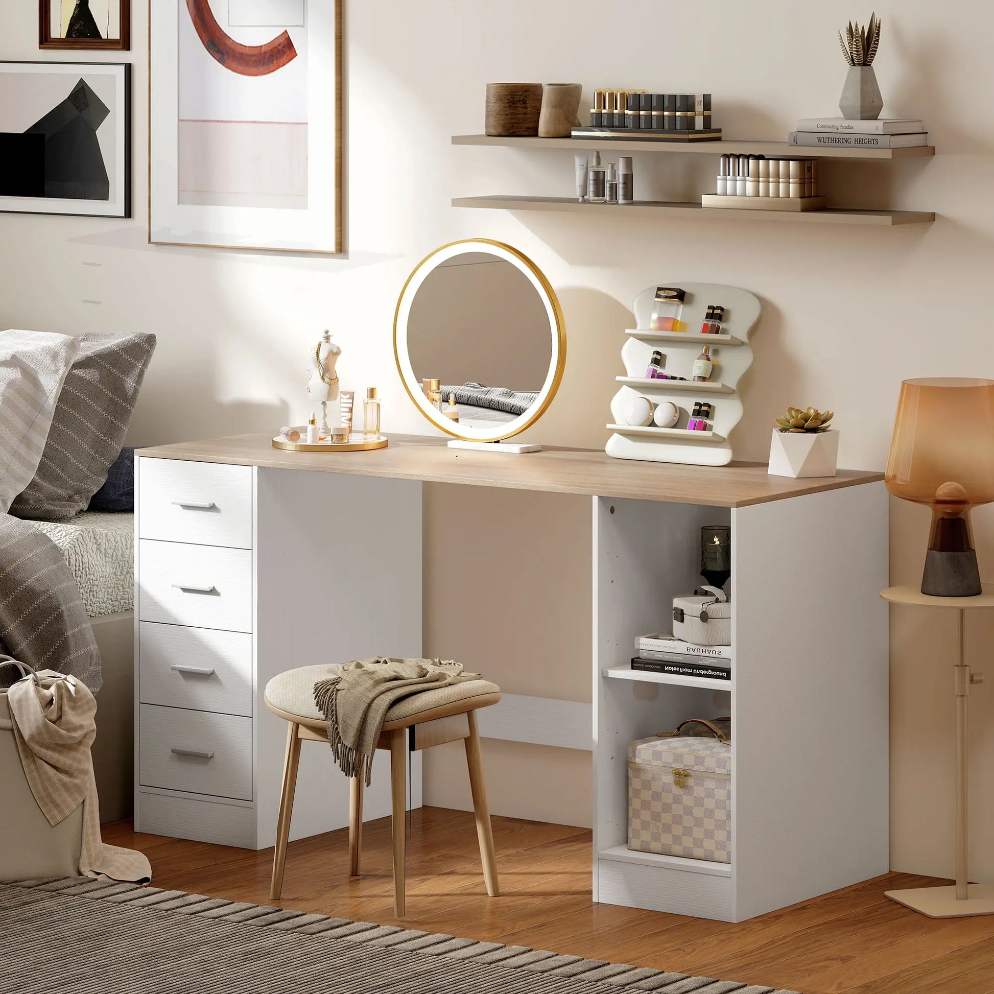 55 Inch Office Desk, White Wood Grain, 4 Reversible Drawers, Adjustable Shelf, White Computer Desks at Gallery Canada