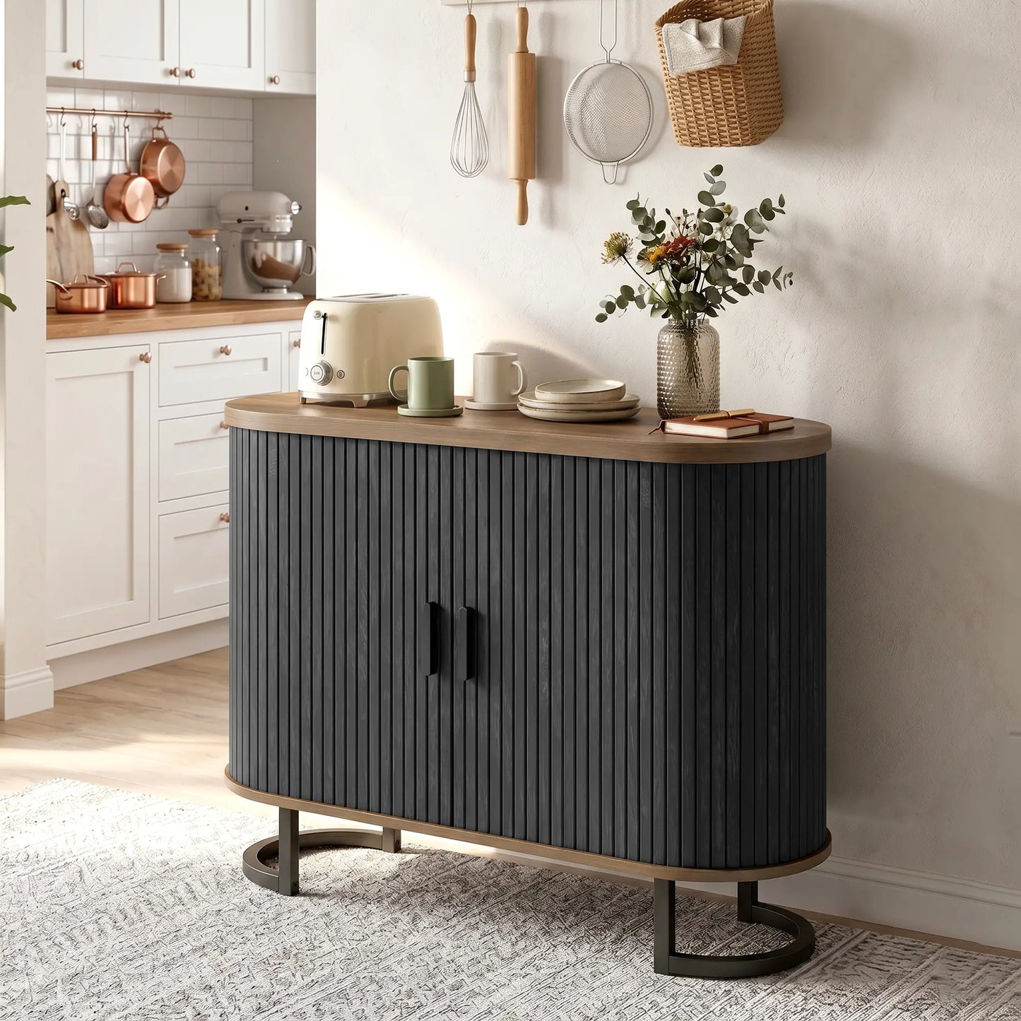 Sideboard Buffet Cabinet with Curved Tambour Doors, Brown/Black