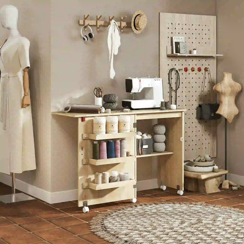 Sewing Machine Cabinet, Folding Table with Storage, Nature Wood