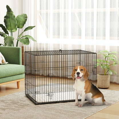 35" Dog Crate, Folding Metal Cage, Removable Tray, Cushion, Black