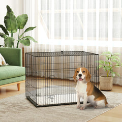 35" Dog Crate, Folding Metal Cage, Removable Tray, Cushion, Black