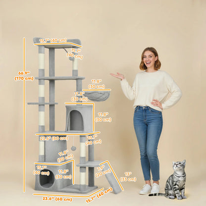 67" Large Cat Tree with 7 Scratching Posts, Tunnel, 2 Condos, Hammock, Perch, Ramp, Pompoms, Light Grey