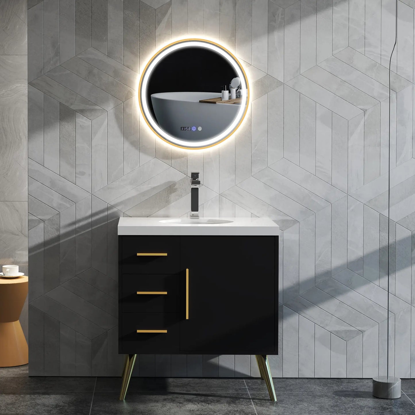 24" Round LED Bathroom Mirror, Anti-Fog, Time Temp Display, Gold Wall Mirrors at Gallery Canada