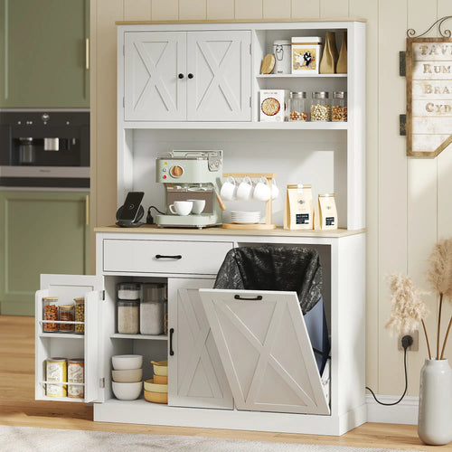 69 Inch Pantry Cabinet with Charging Station, Microwave Stand, Tilt Out Trash Can, White