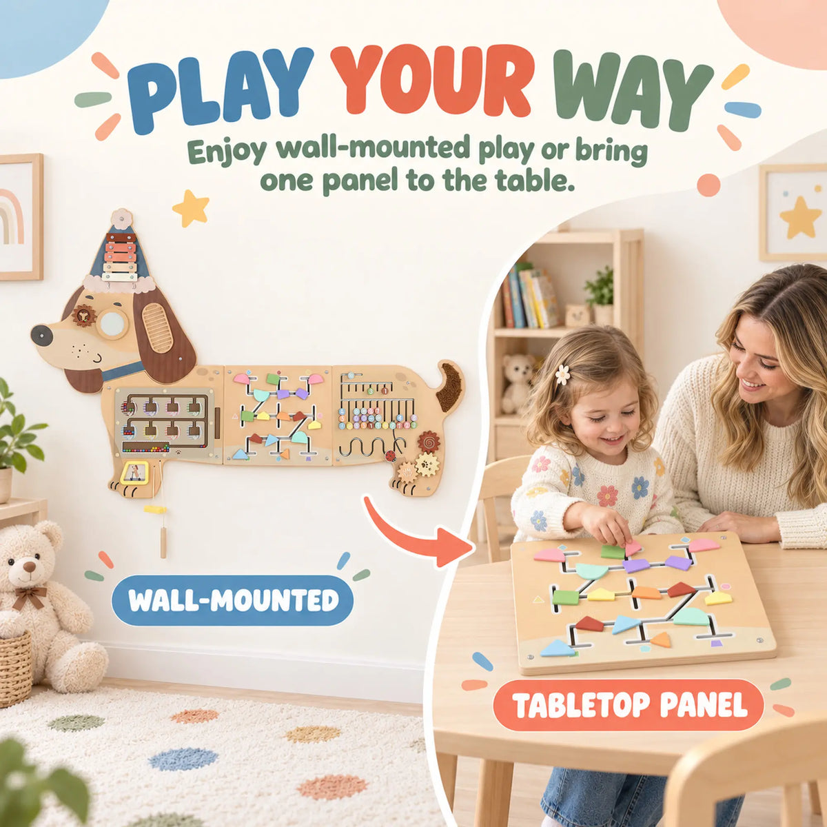 Tableau d'activités mural en bois, Panneau sensoriel Montessori, Teckel, Tout-petit