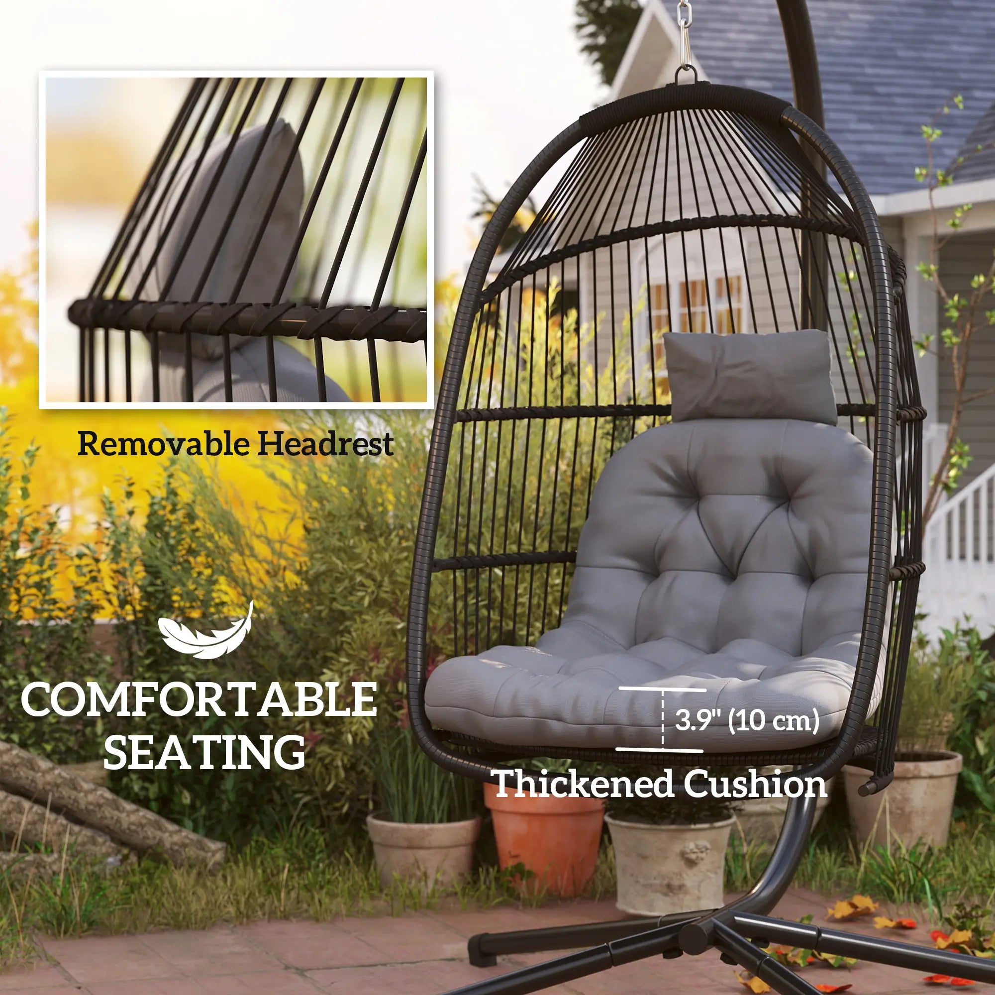 Wicker Egg Swing Chair, Foldable with Stand, UV Resistant Cushion, Headrest, Dark Grey Patio Swings with Stand at Gallery Canada