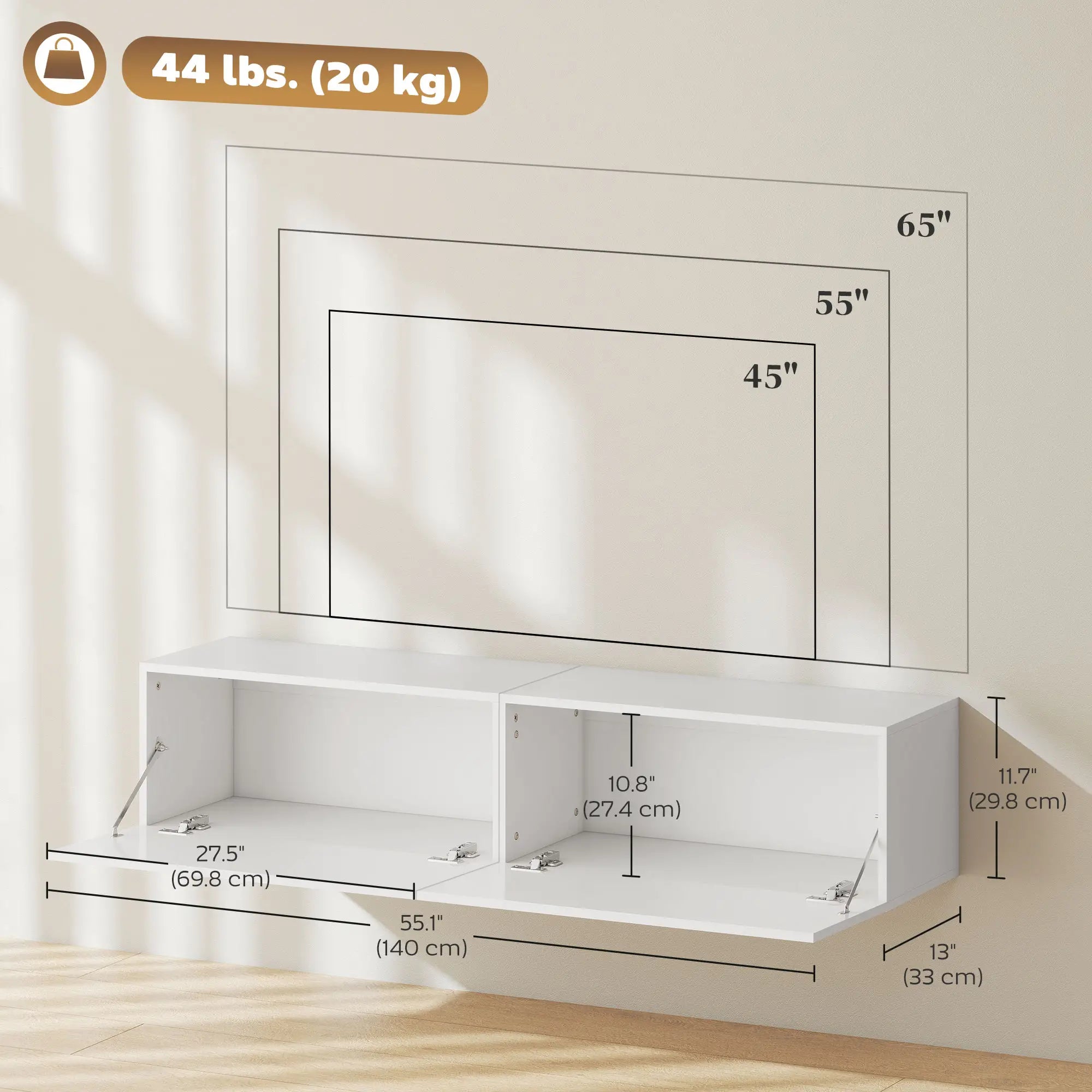 Floating TV Stand, Storage Cupboards for 45, 55, 65in TVs, Wall Mounted, White TV Stands at Gallery Canada