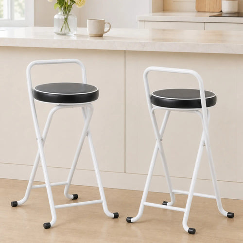 Foldable Bar Stools Set Of 2, PU Cushioned Seat, Footrest, Black