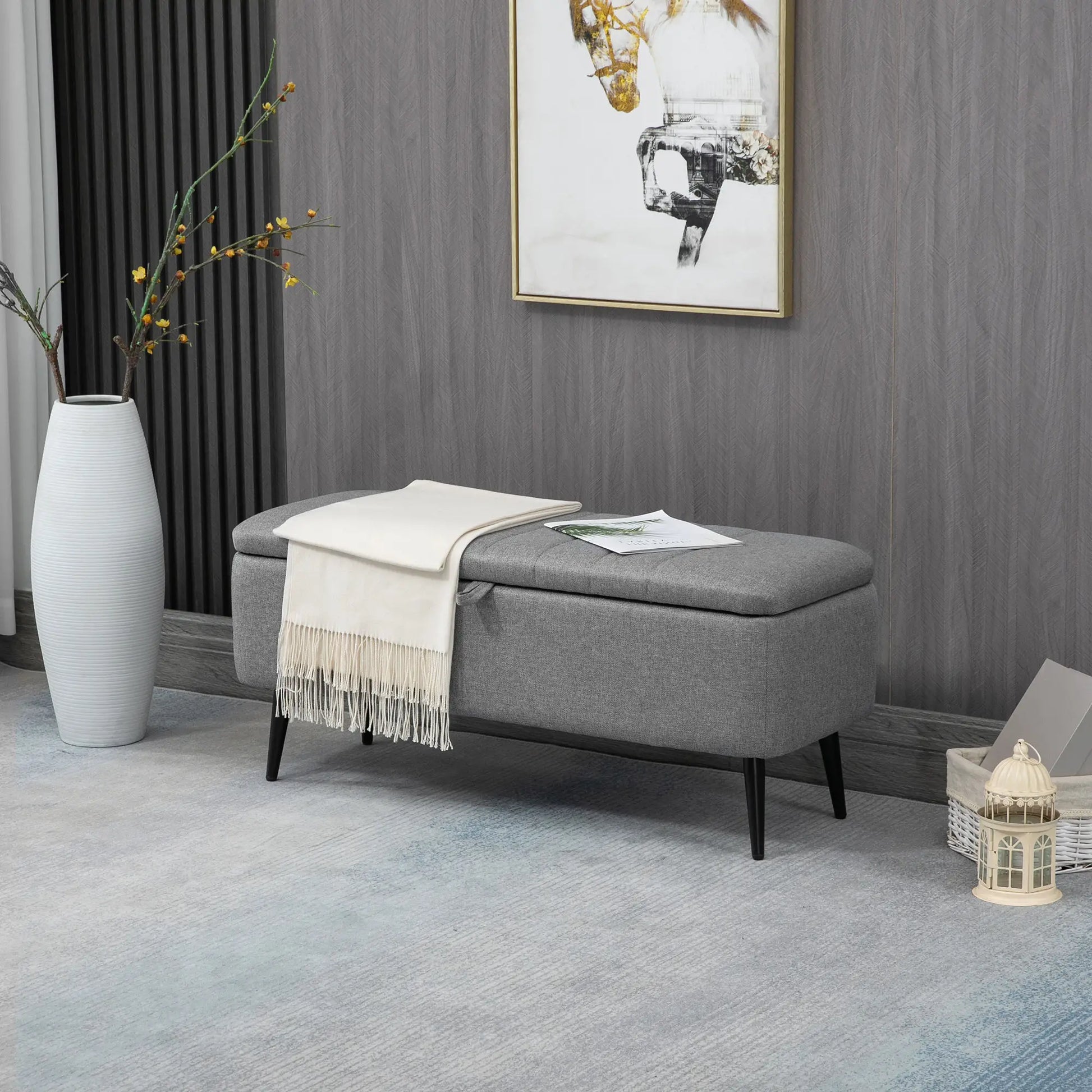 40" Ottoman with Storage, Linen Upholstered Bench, Steel Legs, Grey Storage Ottomans & Benches at Gallery Canada
