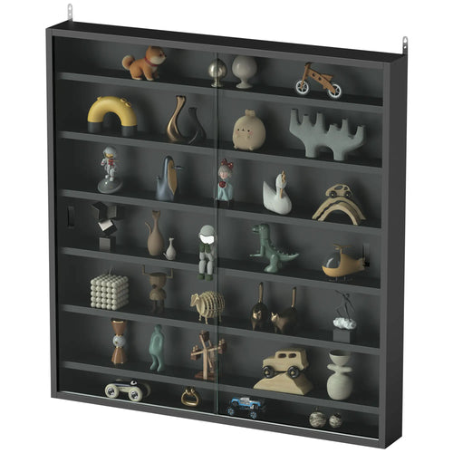 7-Tier Glass Display Cabinet, 2 Doors, 6 Adjustable Shelves, Black