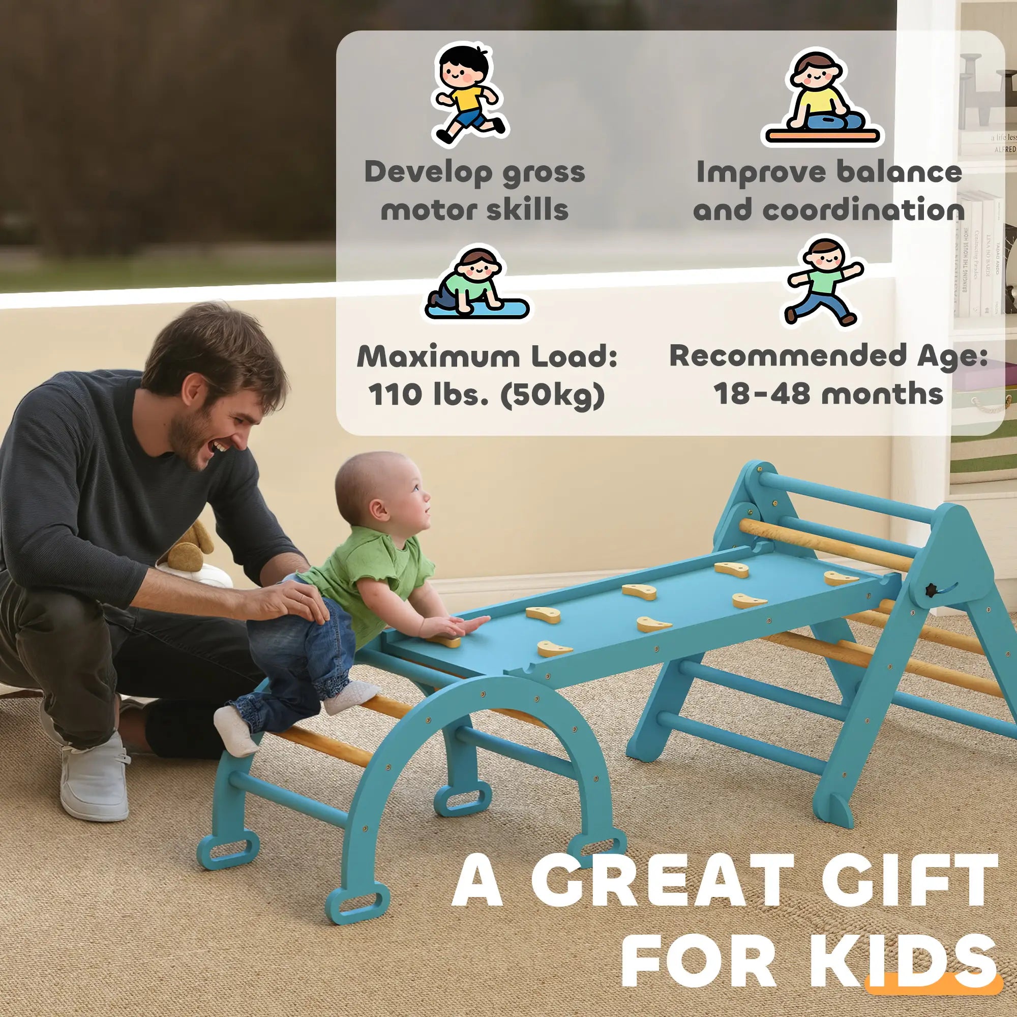 7-in-1 Pikler Triangle Set, Foldable Wooden Climbing Toys, Blue Kids Gym & Playmats at Gallery Canada