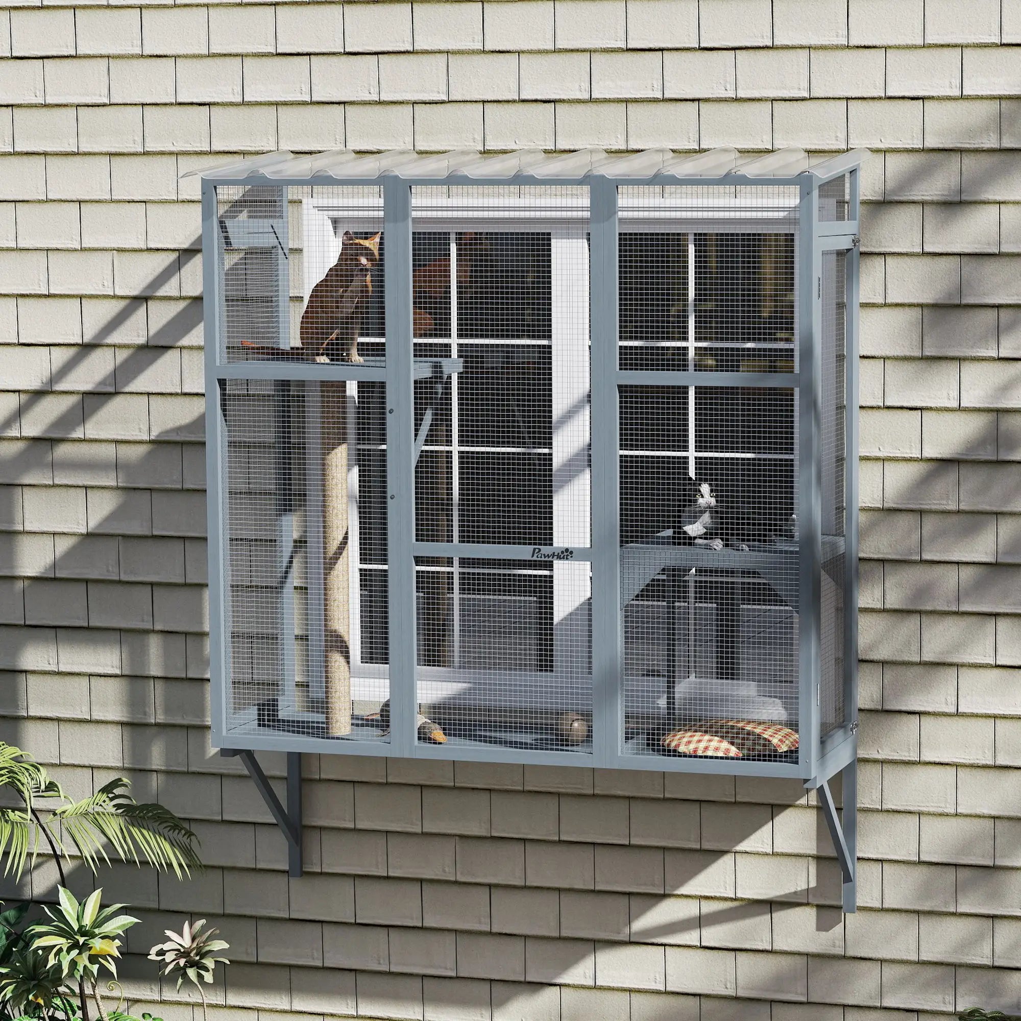 Wooden Catio Outdoor, Cat Window Box Enclosure for 2-3 Large Cats with 2 Jumping Platforms &; Scratching Post, Grey Outdoor Cat Enclosures at Gallery Canada