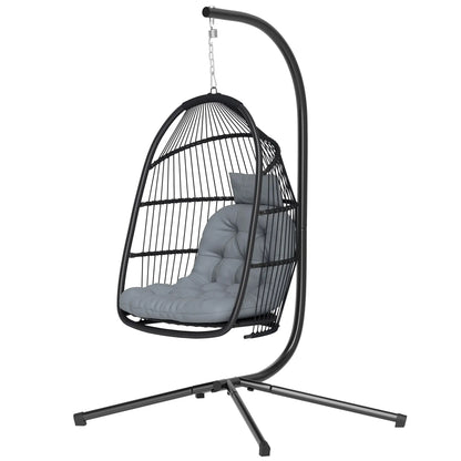 Wicker Egg Swing Chair, Foldable with Stand, UV Resistant Cushion, Headrest, Dark Grey Patio Swings with Stand Dark Grey at Gallery Canada