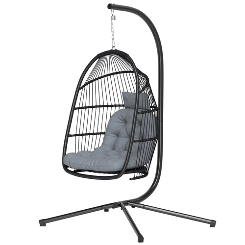 Wicker Egg Swing Chair, Foldable with Stand, UV Resistant Cushion, Headrest, Dark Grey