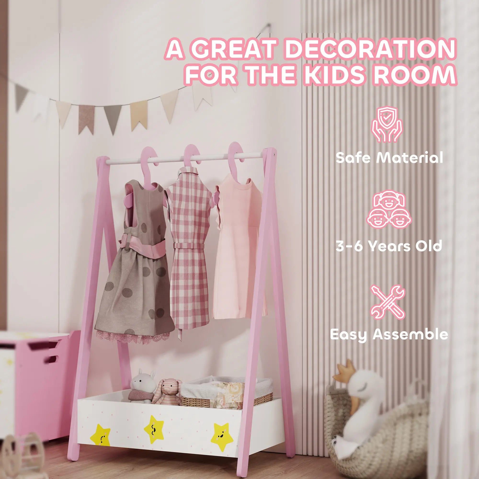 Kids Clothing Rack with Storage Shelf, Hangers, Pink Kids Bedroom Furniture at Gallery Canada