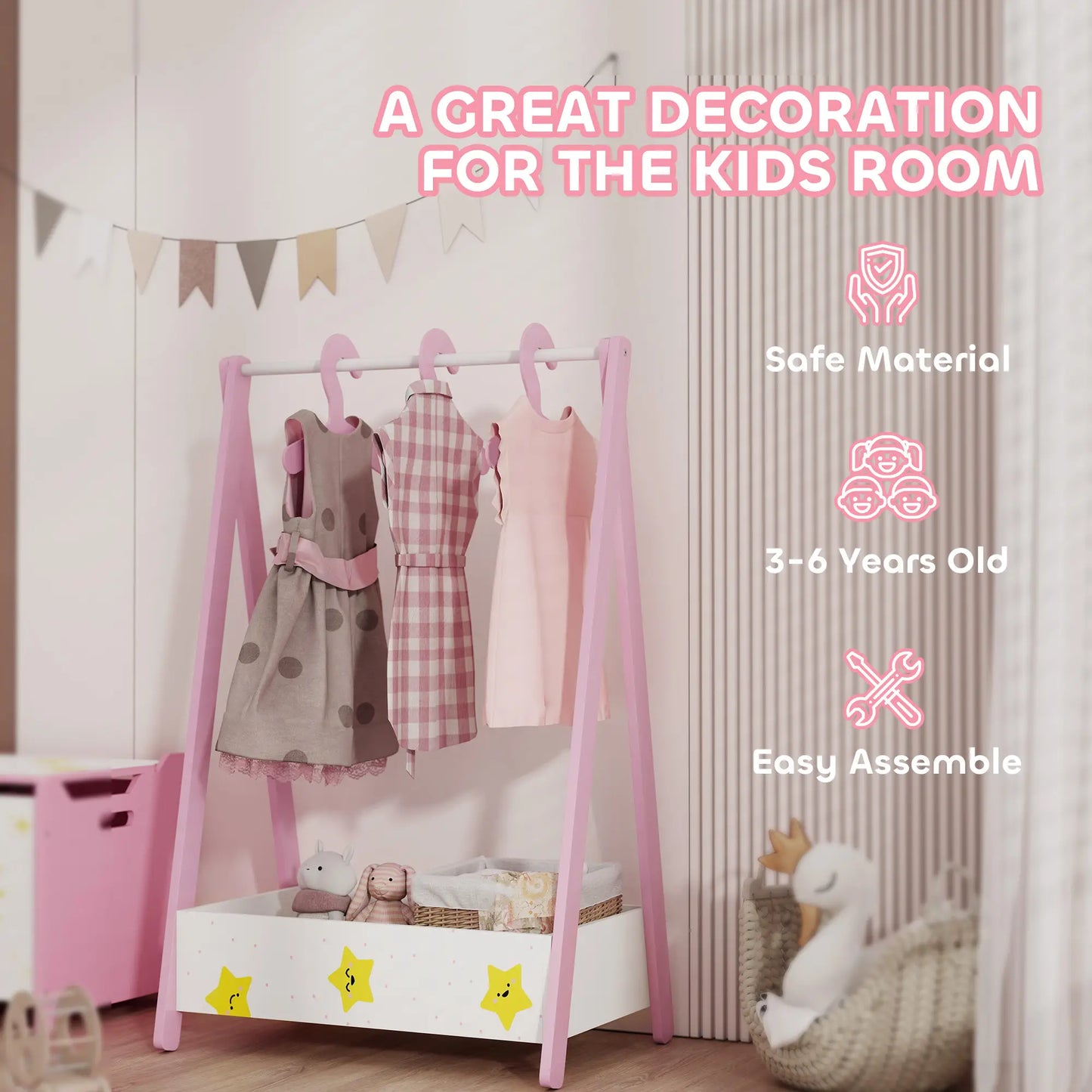 Kids Clothing Rack with Storage Shelf, Hangers, Pink Kids Bedroom Furniture at Gallery Canada