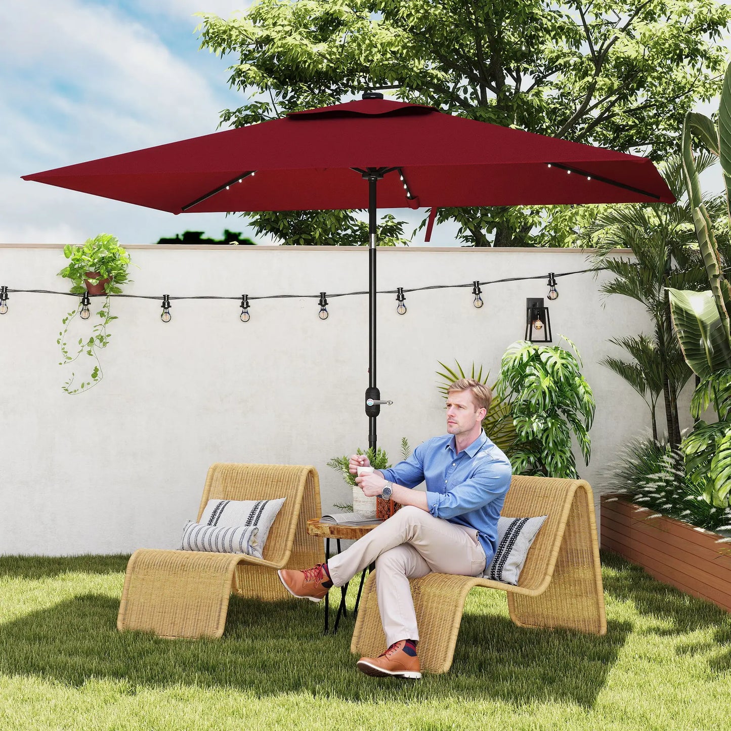 6' x 10' Rectangular Patio Umbrella, 22 LED Solar Lights, Tilt, Crank, Wine Red Sun Umbrellas at Gallery Canada