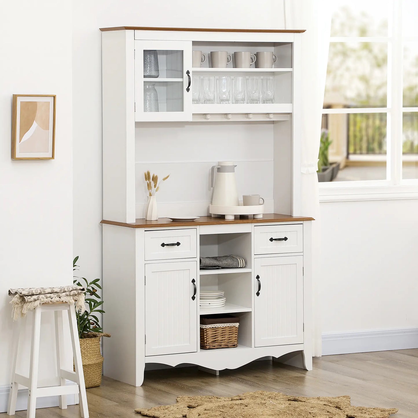 71" Kitchen Buffet with Hutch, Farmhouse Style, White Kitchen Pantry Cabinets at Gallery Canada
