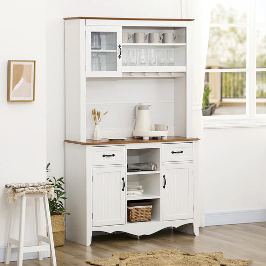 71" Kitchen Buffet with Hutch, Farmhouse Style, White Kitchen Pantry Cabinets Walnut and White at Gallery Canada