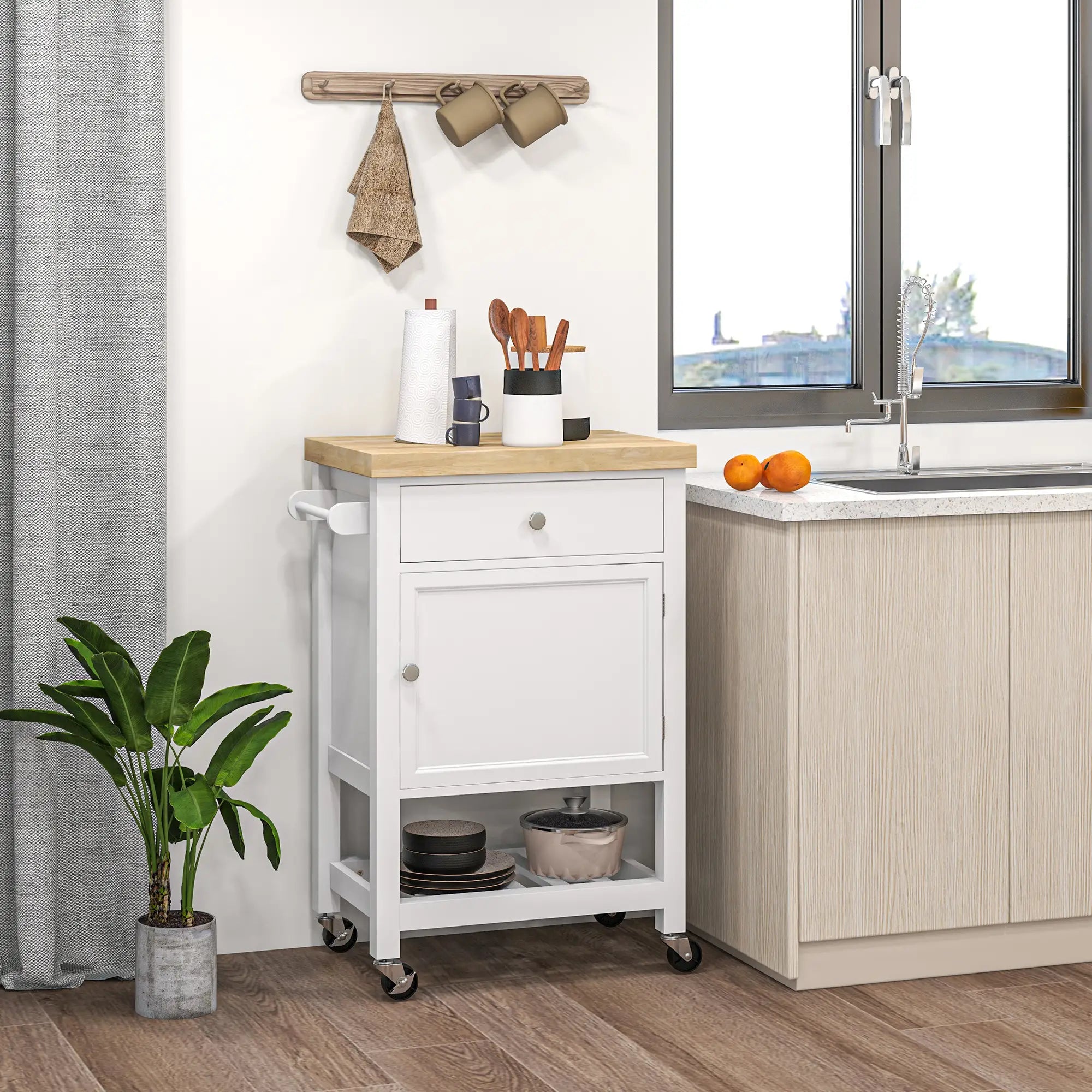 Kitchen Cart on Wheels, Wood Top, Towel Rack, Drawer, Shelf, White Kitchen Islands & Kitchen Carts at Gallery Canada