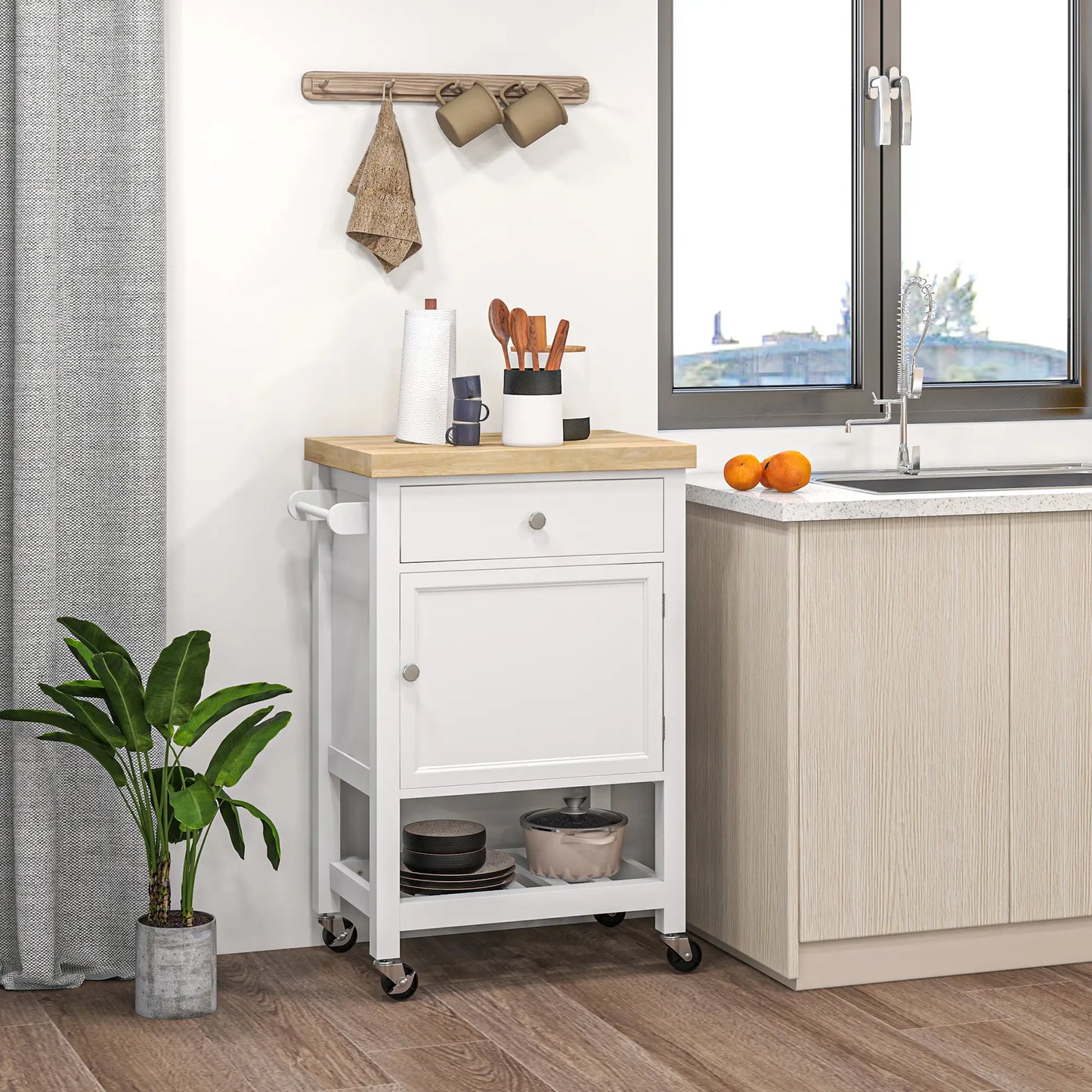 Kitchen Cart on Wheels, Wood Top, Towel Rack, Drawer, Shelf, White Kitchen Islands & Kitchen Carts at Gallery Canada