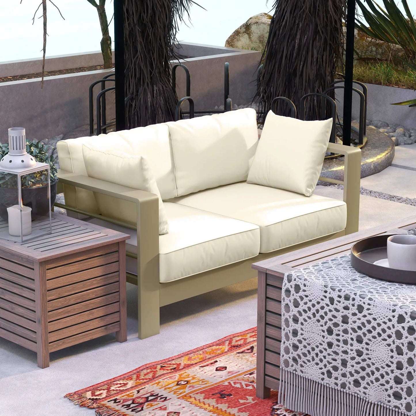 Outdoor Loveseat, Garden Sofa with Cushions, 54.3"x27.6"x24.6", Cream White Patio Chairs at Gallery Canada