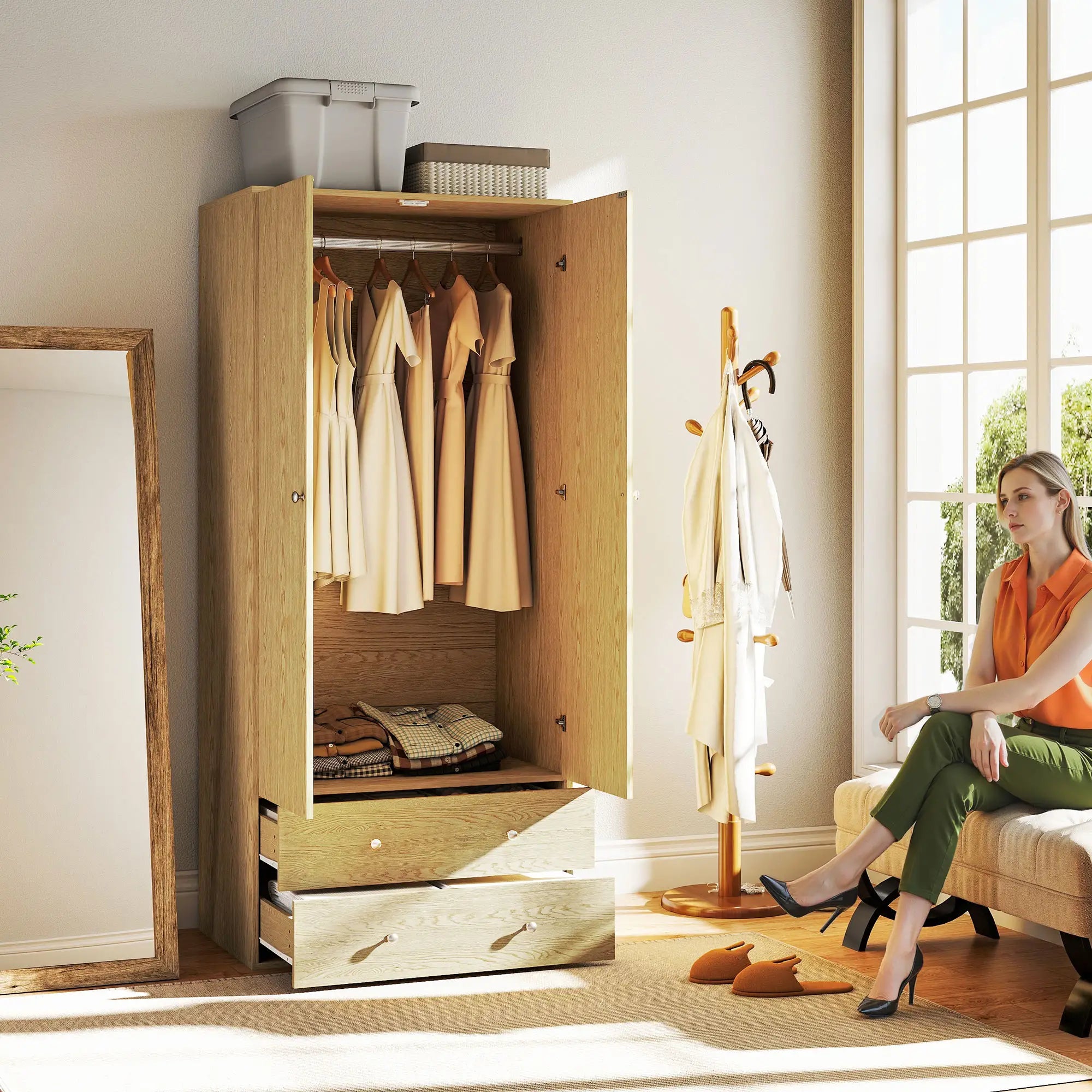 Modern Wardrobe Closet, 2 Drawers, Hanging Rod, Natural Wood Clothing Storage at Gallery Canada