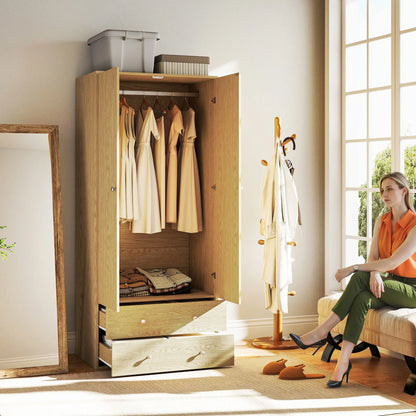Modern Wardrobe Closet, 2 Drawers, Hanging Rod, Natural Wood Clothing Storage at Gallery Canada