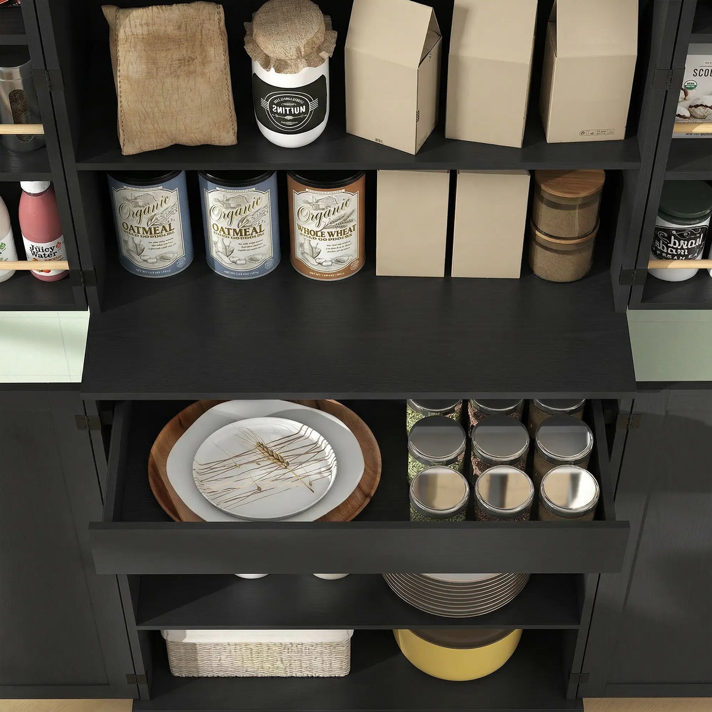 72" Tall Kitchen Pantry Cabinet, Farmhouse Storage Cabinet with 8 Door Racks and Adjustable Shelves, Black