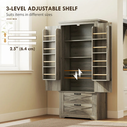 Farmhouse Kitchen Pantry Cabinet, 64" Freestanding with Drawers, Distressed Grey, Grey Kitchen Pantry Cabinets at Gallery Canada