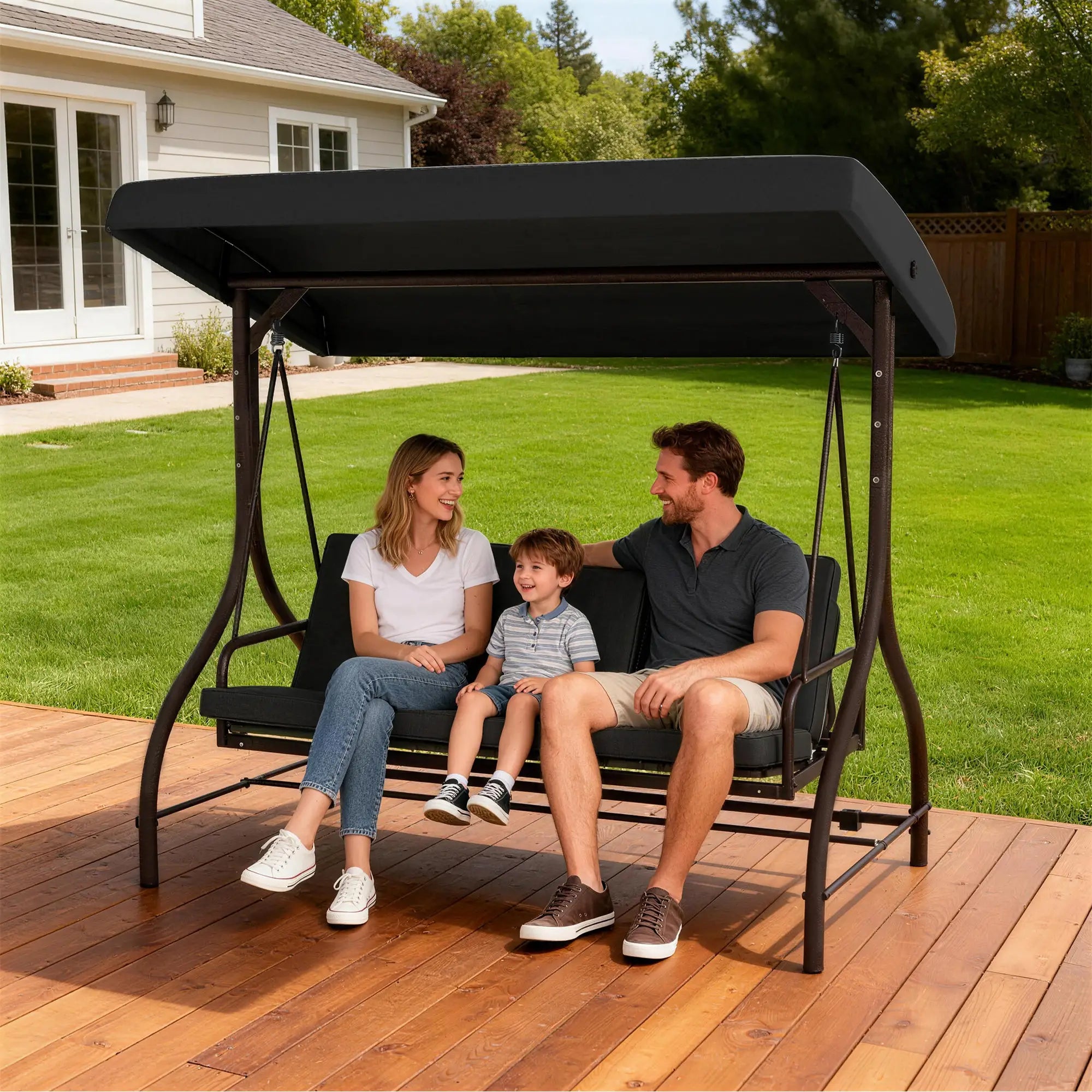 Convertible Patio Swing Bed With Canopy, Cushions, 3 Seater, Black Patio Swings with Stand at Gallery Canada