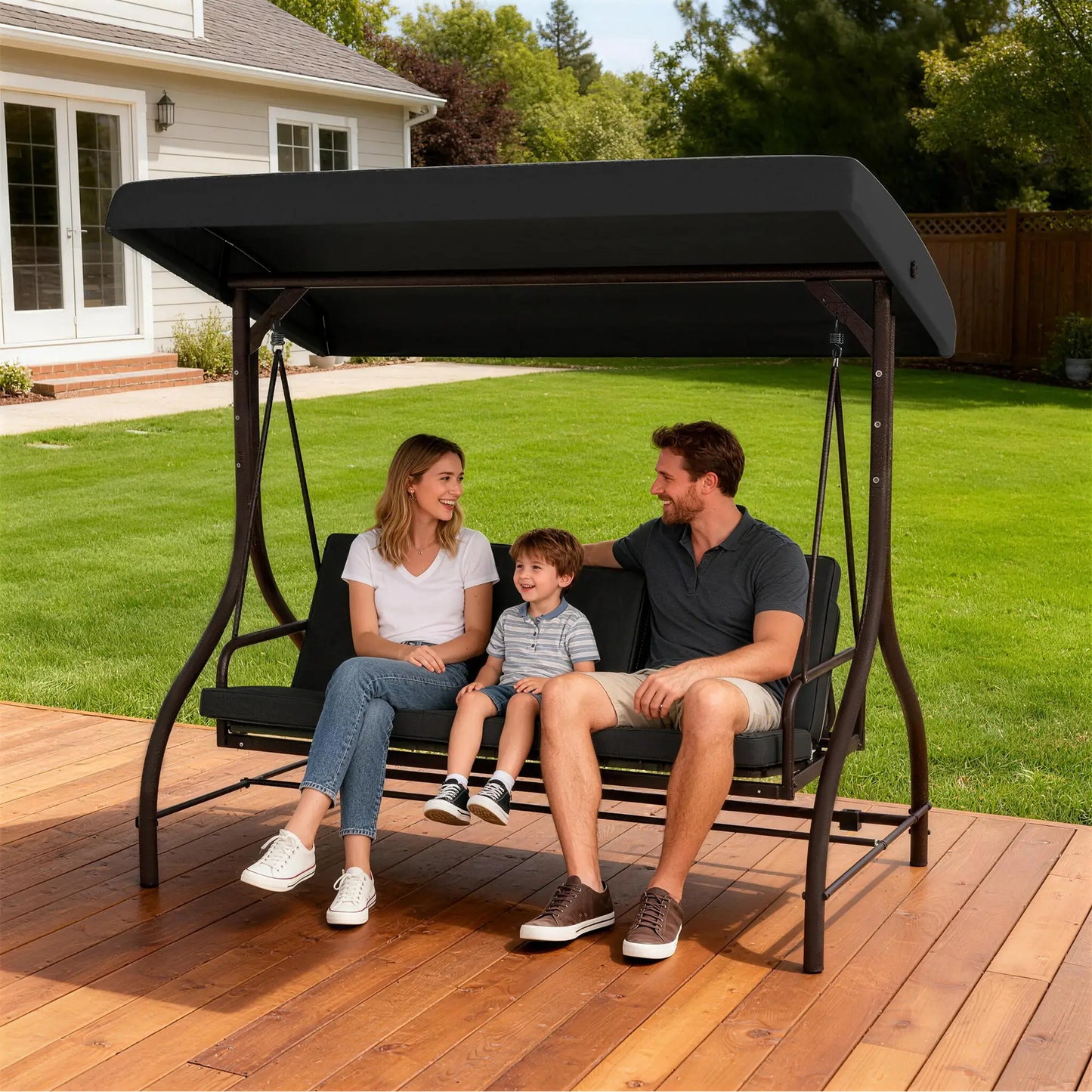 Convertible Patio Swing Bed With Canopy, Cushions, 3 Seater, Black Patio Swings with Stand at Gallery Canada