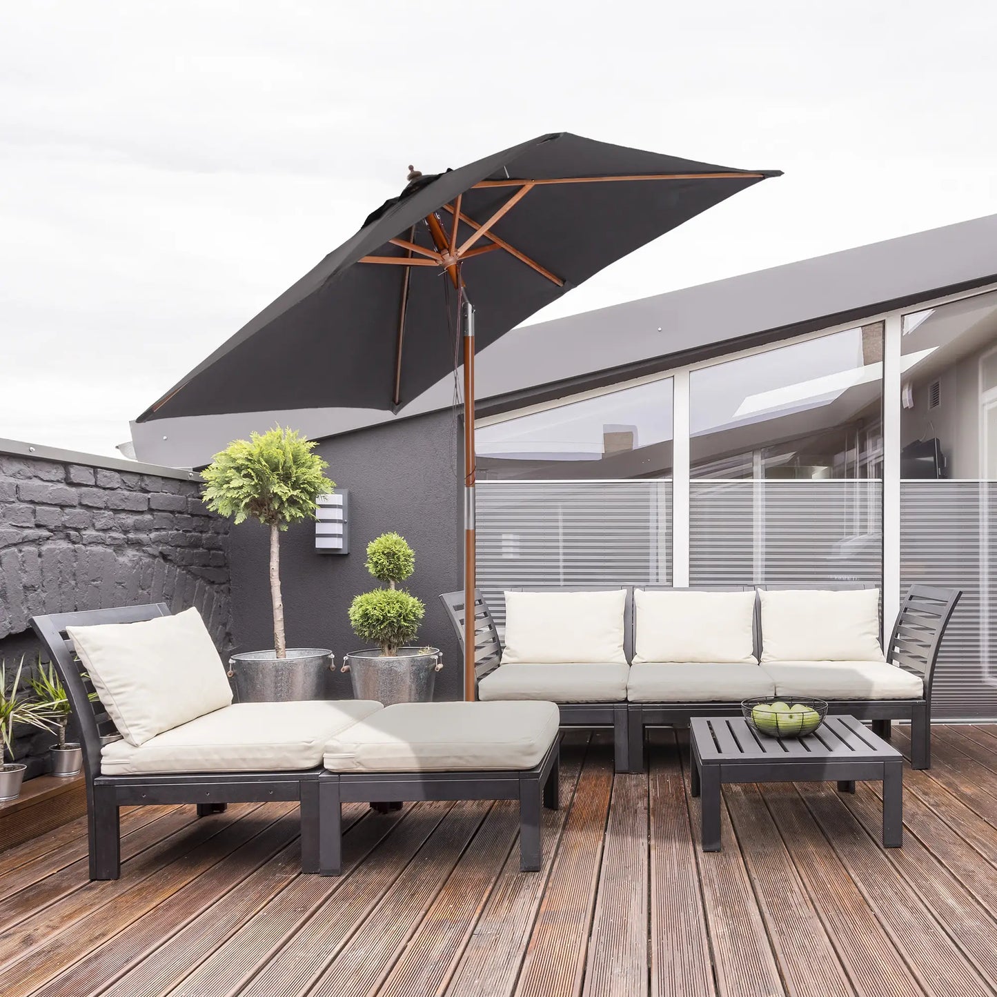 6.6x5ft Square Market Parasol, Wooden Patio Umbrella, Tilt Mechanism, 6 Bamboo Ribs, Dark Grey Sun Umbrellas at Gallery Canada