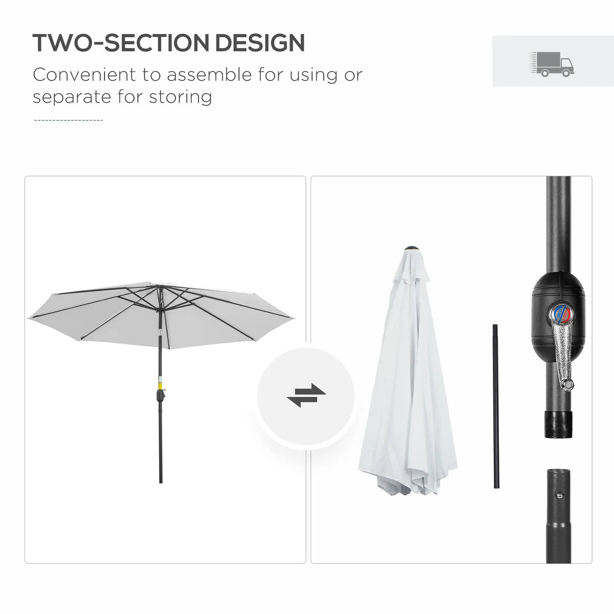 10' x 8' Round Patio Umbrella, Crank Handle, Tilt, White