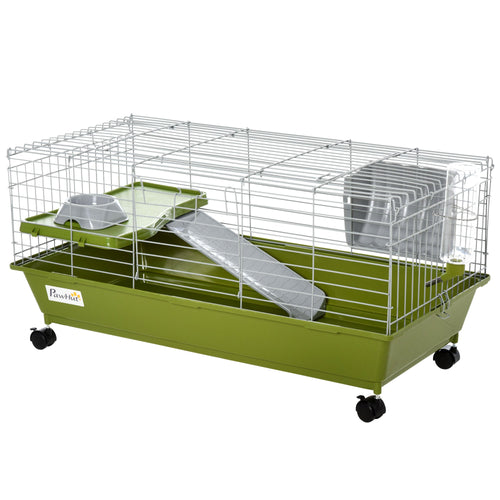 Small Animal Cage, Rolling Bunny Cage, Guinea Pig Cage with Food Dish, Water Bottle, Hay Feeder, Platform, Ramp, Green