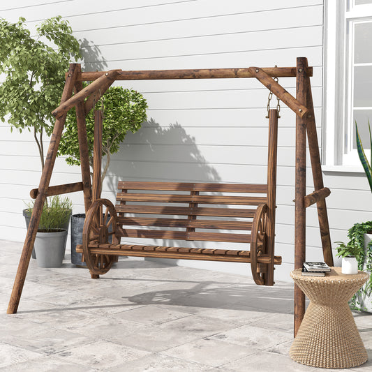 Patio Swing Chair with A-Frame Stand, 2 Seat Wooden Porch Swing for Garden, Poolside, Backyard, Carbonized Brown - Gallery Canada
