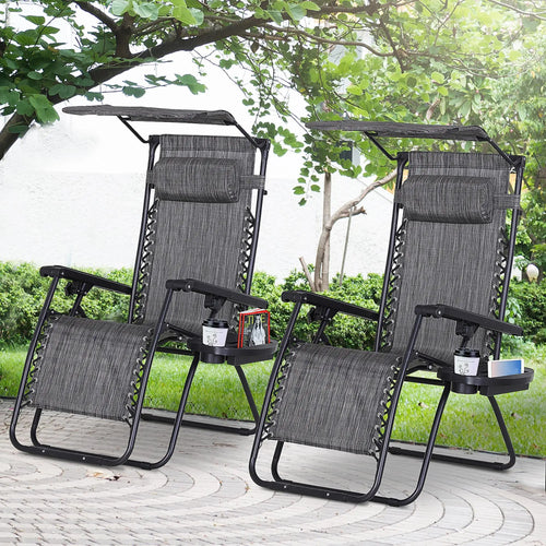 2 Piece Foldable Lounge Chair with Canopy, Outdoor Zero Gravity Chair, Dark Grey