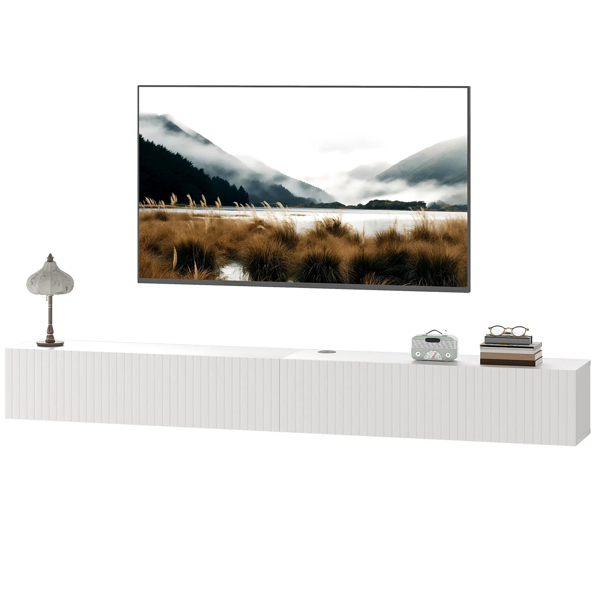 71 Inch Floating TV Stand, Wall Mount Media Console, 2 Fluted Doors, White TV Stands White at Gallery Canada