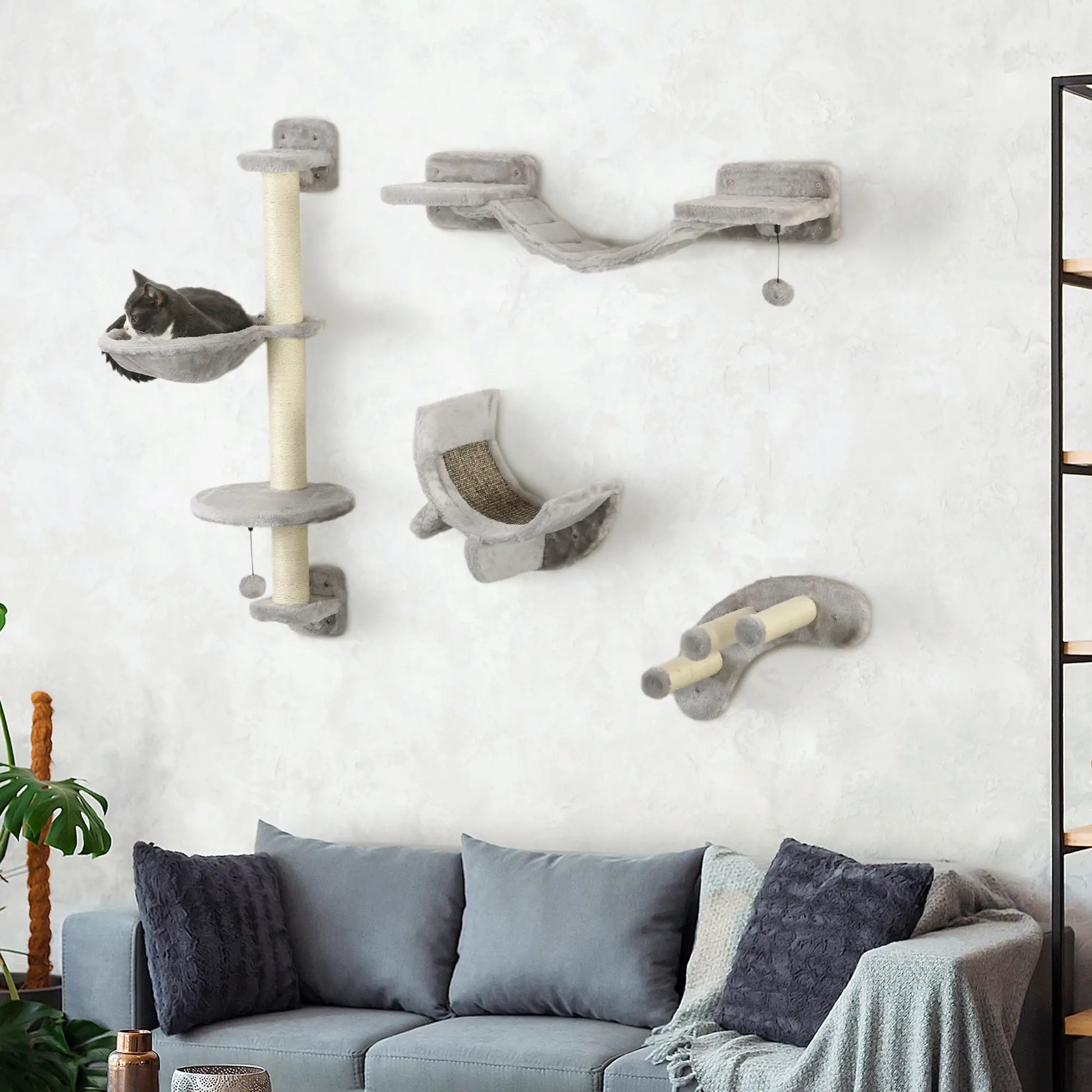 4Pcs Cat Wall Shelf with Scratching Post, Soft Ladder, Hammock, Grey Cat Climbing Wall at Gallery Canada
