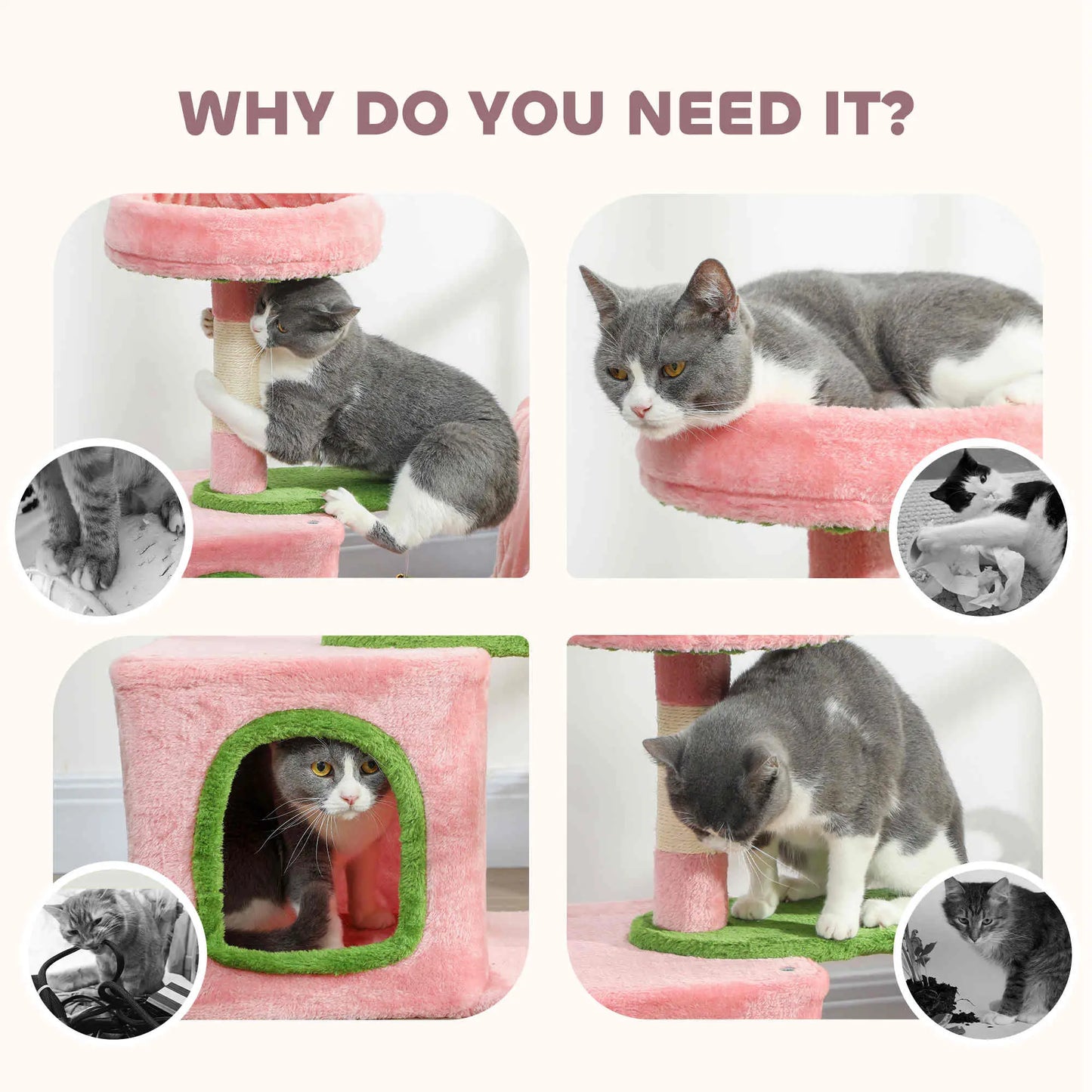 28 Inch Cat Tree Tower with Plush Bed, Condo, Scratching Post, Pink & Green Cat Posts at Gallery Canada