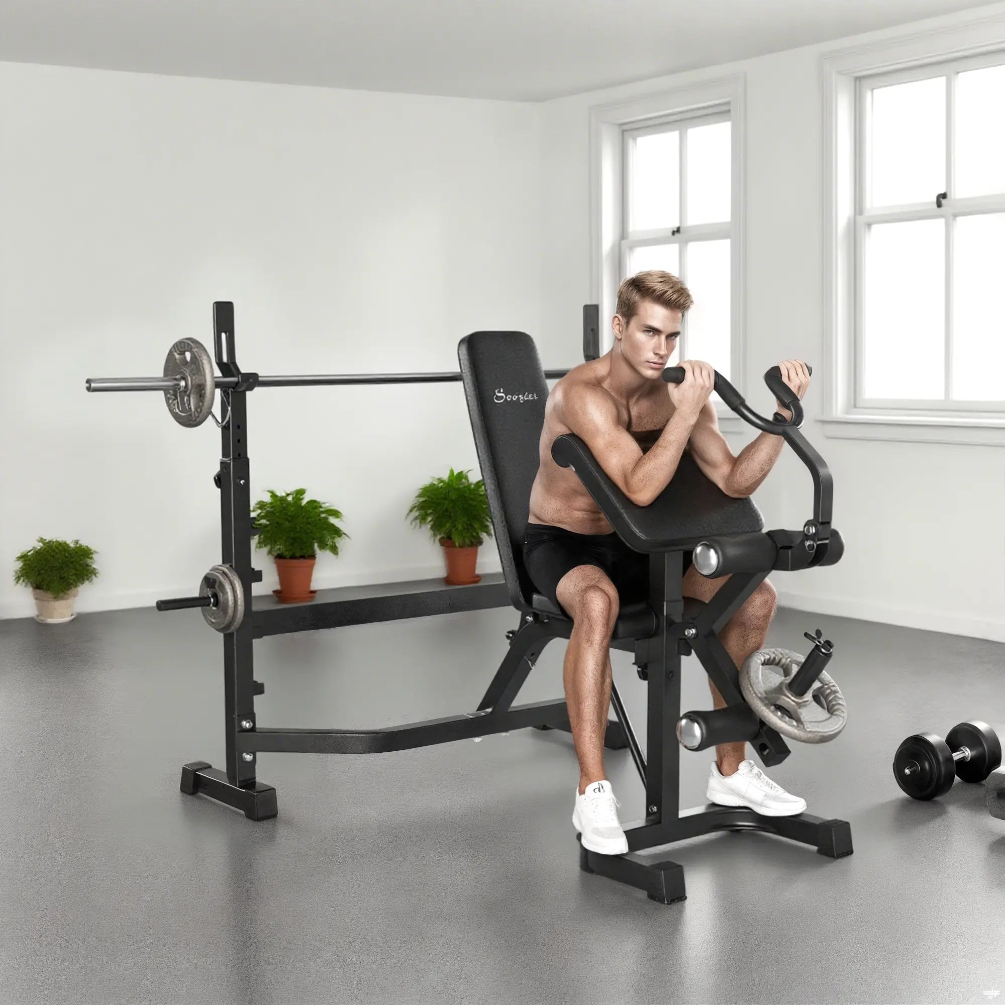 Adjustable Olympic Weight Bench, Squat Rack, Leg Extension, Grey Weight Benches at Gallery Canada