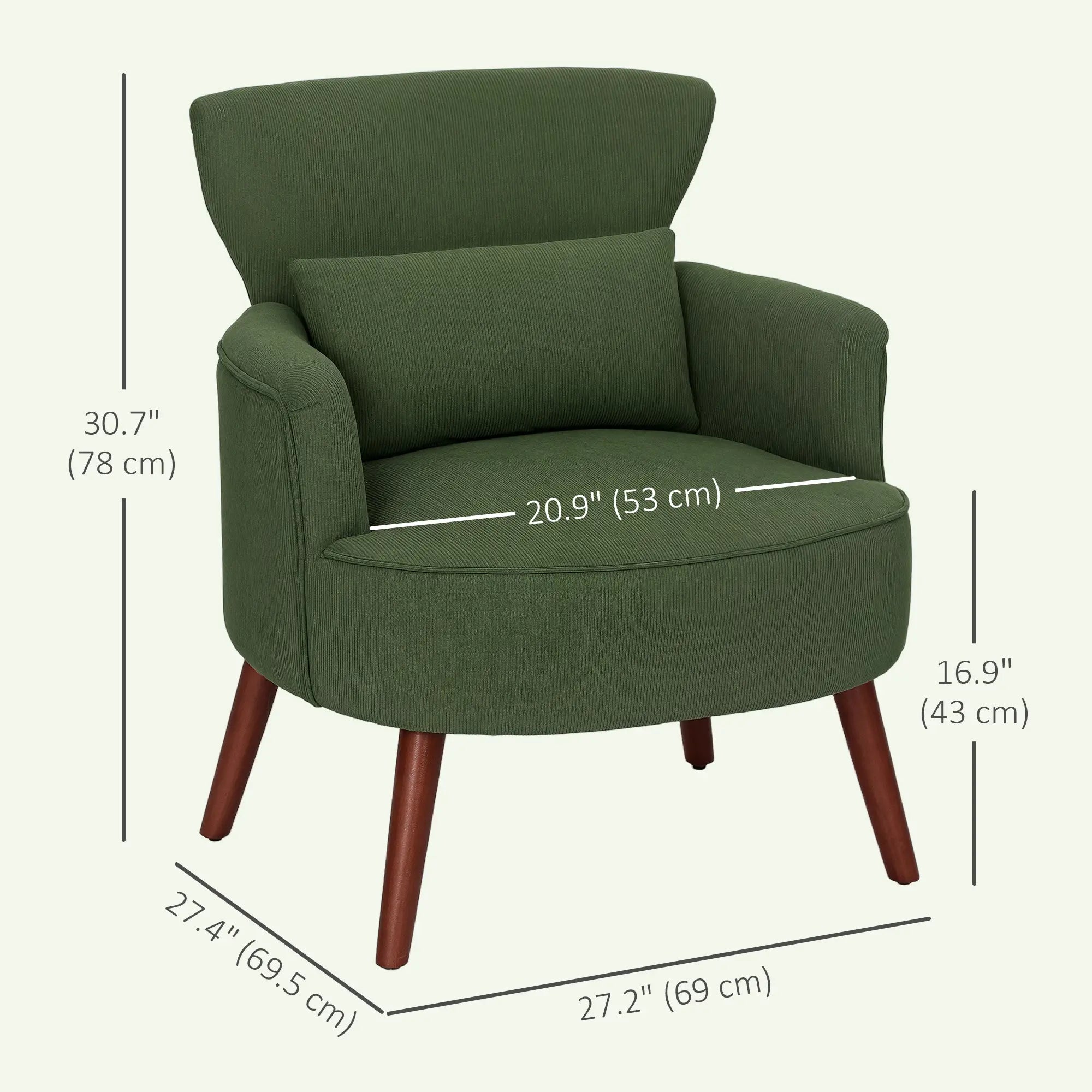 Modern Accent Chair, Upholstered Armchair, Solid Wood Legs, Lumbar Pillow, Green Accent Chairs at Gallery Canada