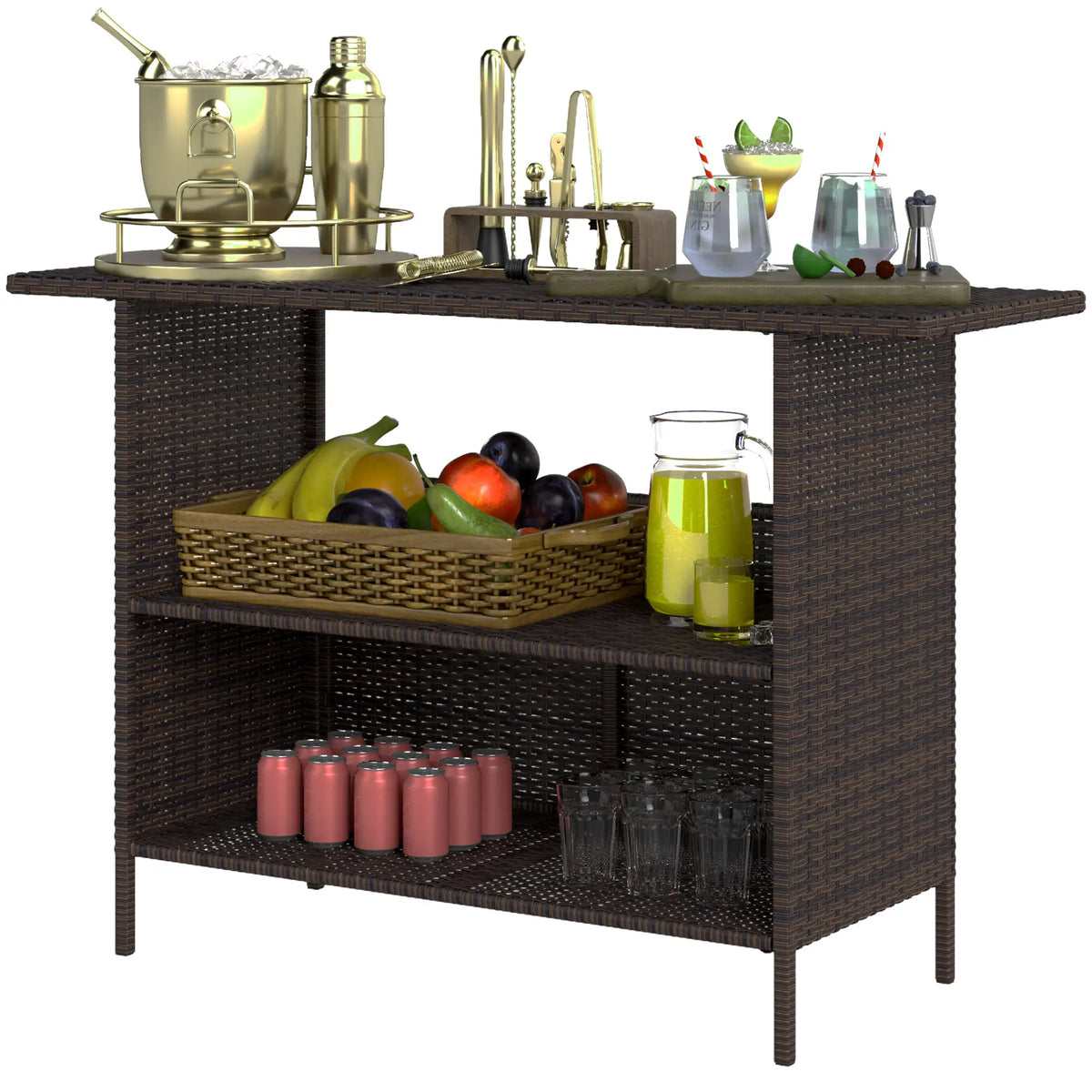 Wicker Outdoor Bar Table, PE Rattan, 2 Shelves, Steel Frame, Dark Brown Bistro Sets Dark Brown at Gallery Canada