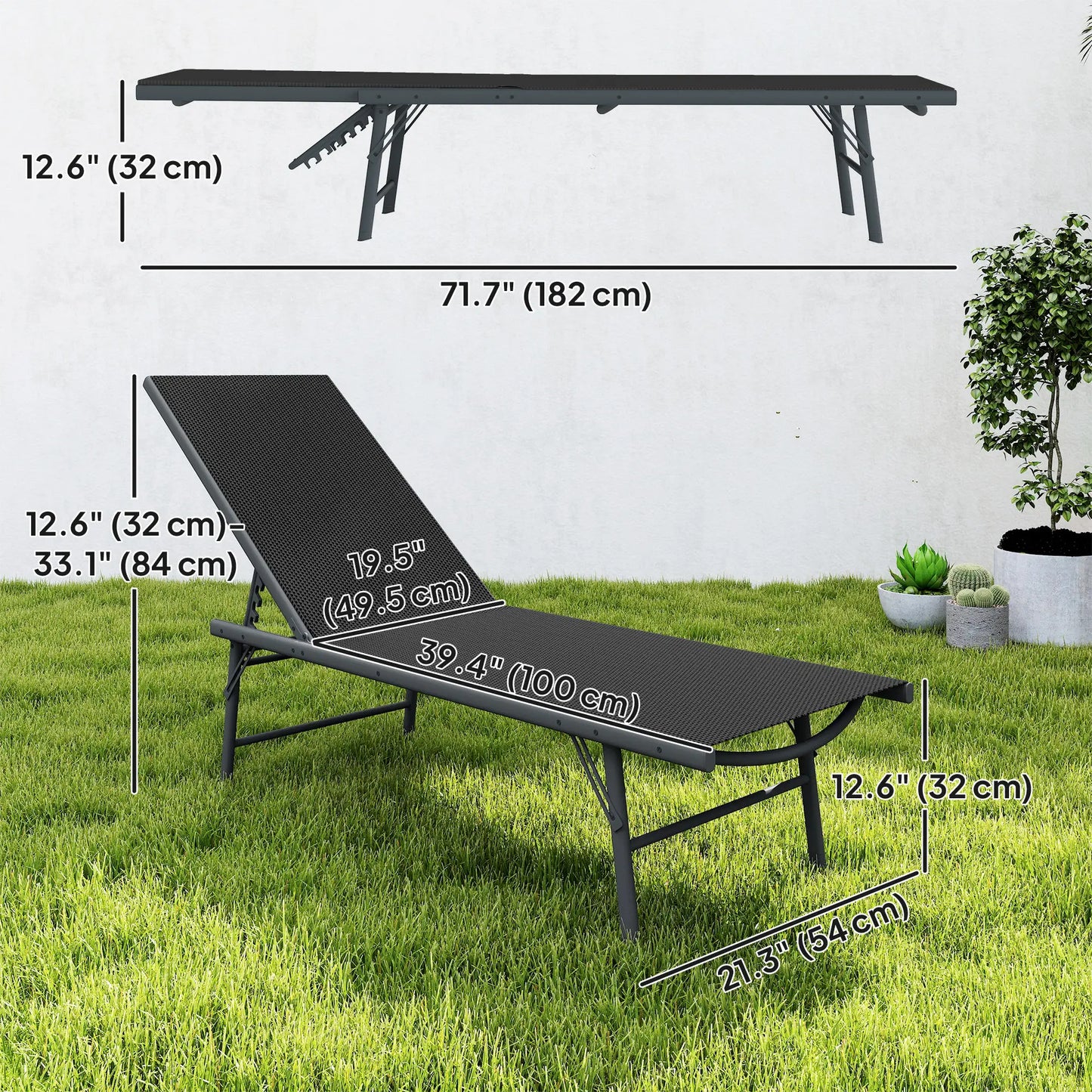 Folding Outdoor Lounge Chairs, 2 Pieces, Adjustable Back, Mesh Seat, Black