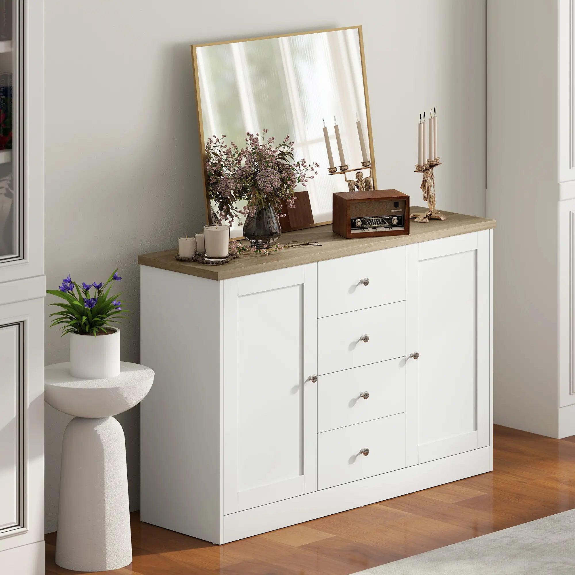 Country Style Sideboard Buffet, Coffee Bar Cabinet, Adjustable Shelf, 2 Shaker Doors, 4 Drawers, White Bar Cabinets at Gallery Canada